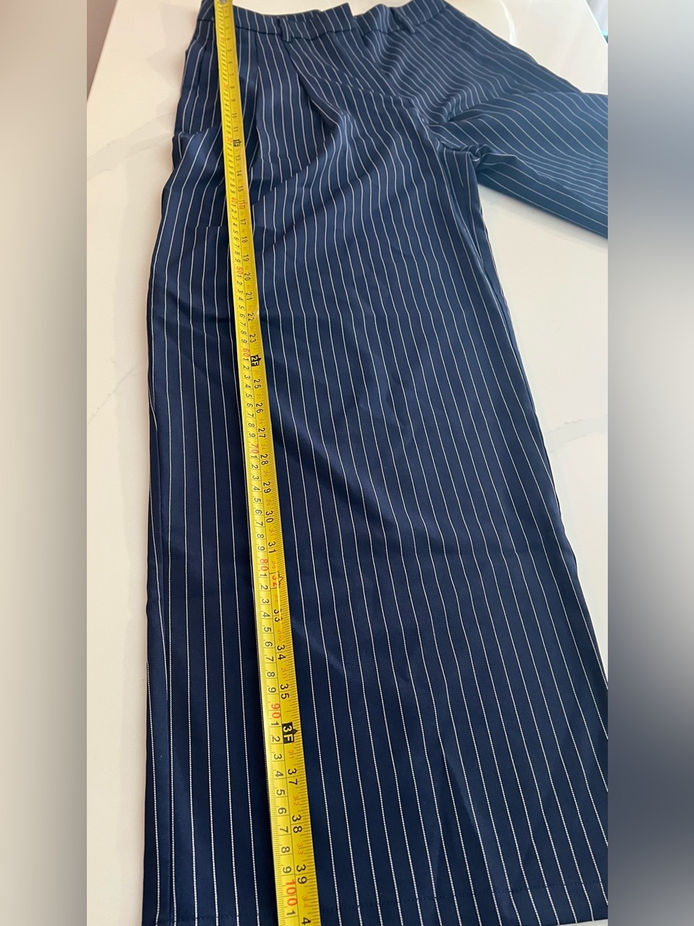 Commense Navy Pinstripe One-Shoulder Crop Top & Wide-Leg Pants Set - Picture 13 of 14